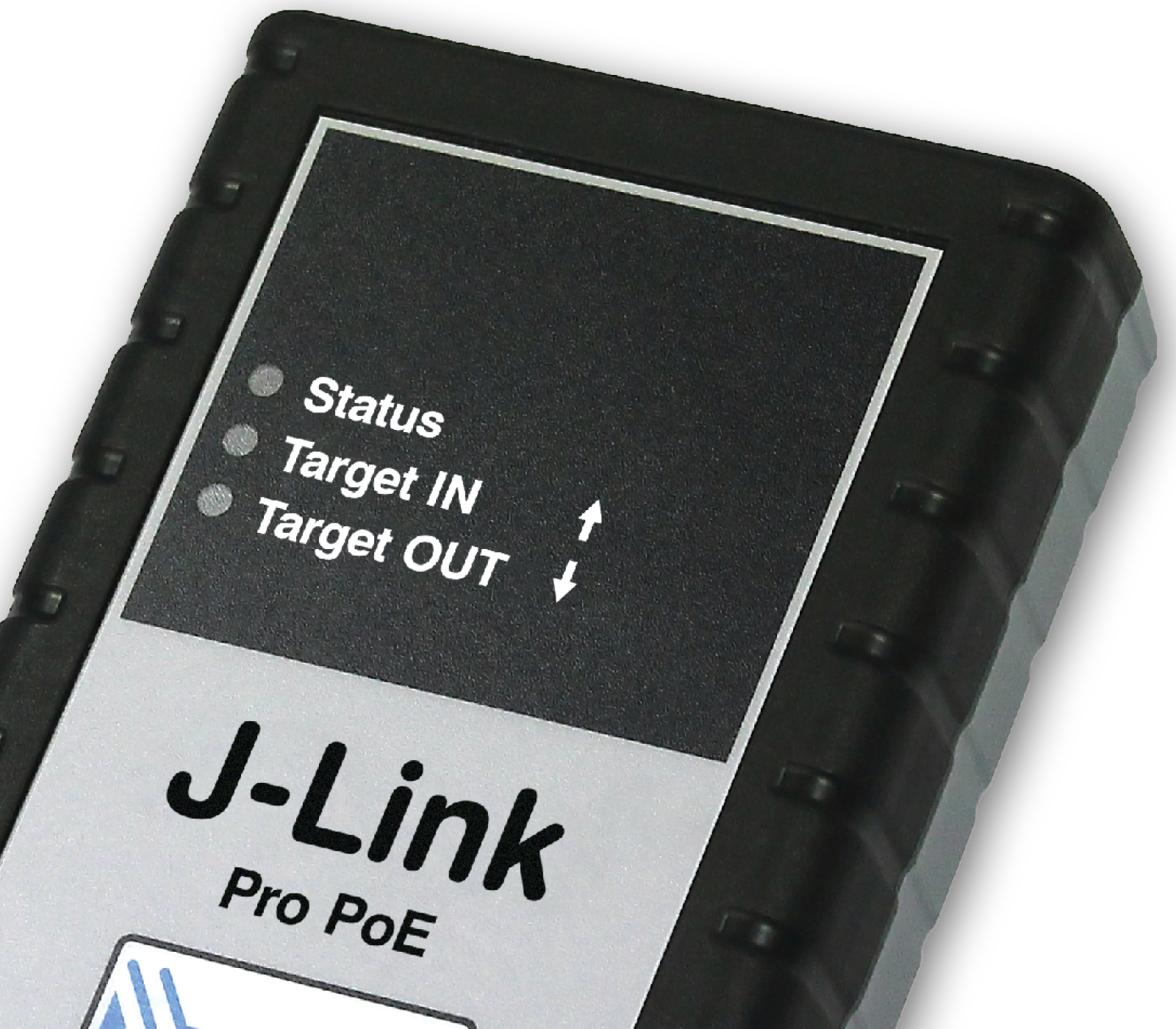 A black and silver device labeled "J-Link Pro PoE" features three indicators: "Status," "Target IN," and "Target OUT," with arrows indicating direction. The design is compact, intended for network connectivity or power over Ethernet applications.