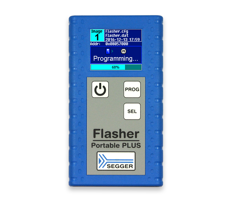 Flasher Portable PLUS A blue, handheld programming device labeled "Flasher Portable PLUS" with a small digital display shows a programming progress bar at 68%. The screen displays information about configuration files and memory addresses, along with buttons for power, programming, and selection.