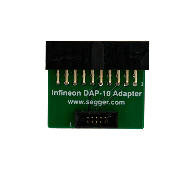 A green circuit board adapter labeled "Infineon DAP-10 Adapter" at the center. It features several gold-plated pins on the top and a small connector at the bottom. The website "www.segger.com" is printed in white along the lower edge.