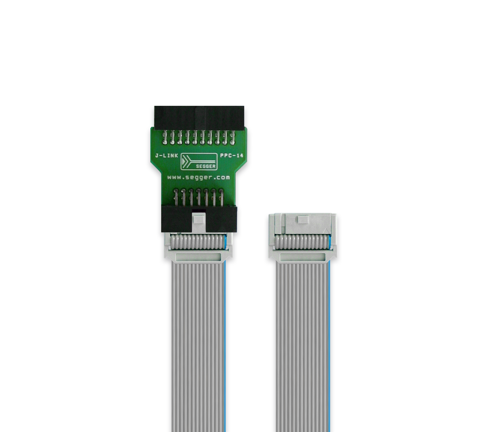 PPC 14-Pin Adapter An image of a cable with two connectors, one side featuring a green circuit board labeled "J-LINK PPC-14" from SEGGER, and the other side showing a gray ribbon connector. The cable is designed for programming and debugging electronic devices.