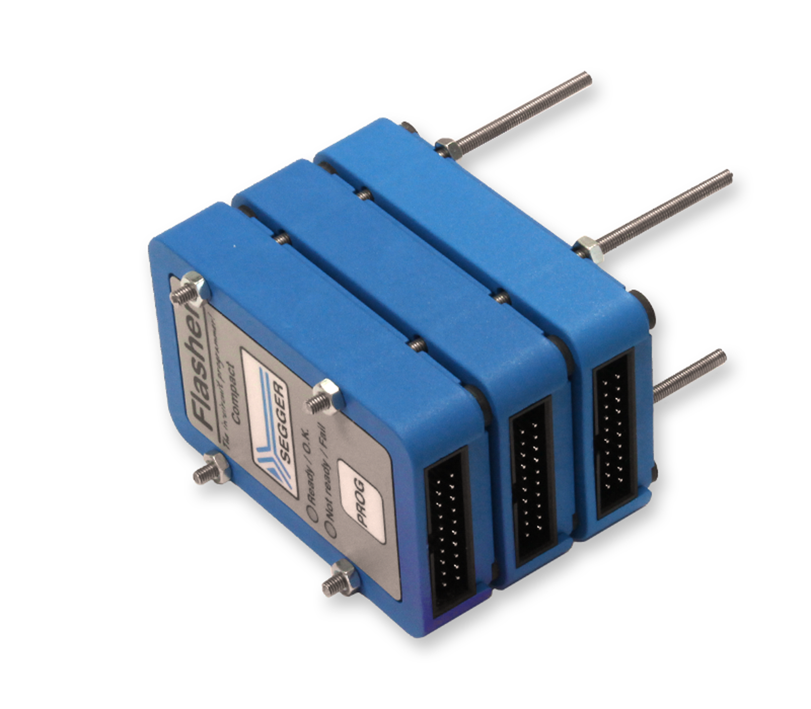 A compact blue programming device with three connected modules. Each module features multiple pins on one side for connections. The front displays labels indicating readiness and programming status, possibly related to device firmware updates or configurations.