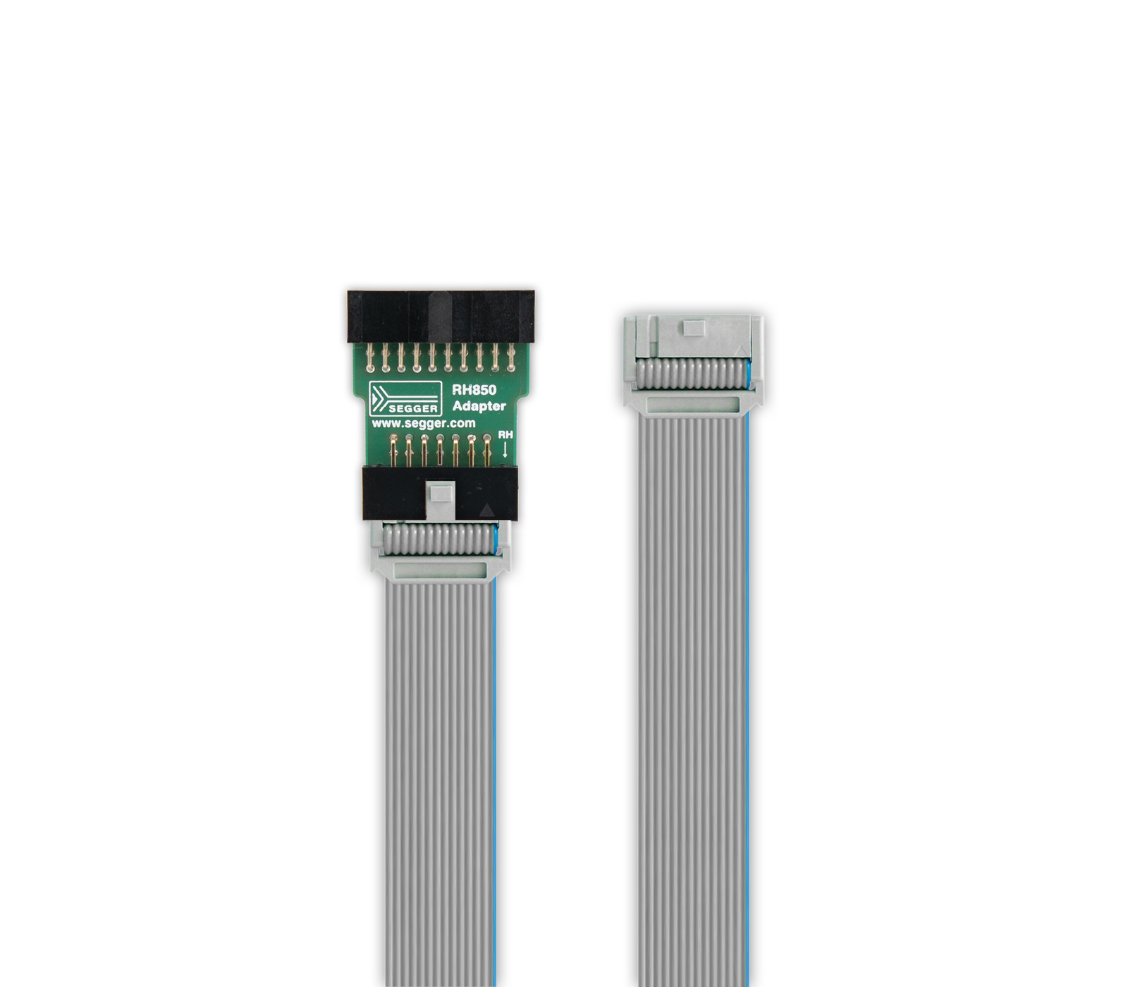 RH850 Adapter A segmented ribbon cable adapter is shown, featuring a green circuit board labeled "RH850 Adapter" on one end and a gray connector on the other. The adapter has pins arranged on the circuit board, designed for connecting devices in a technical setup.