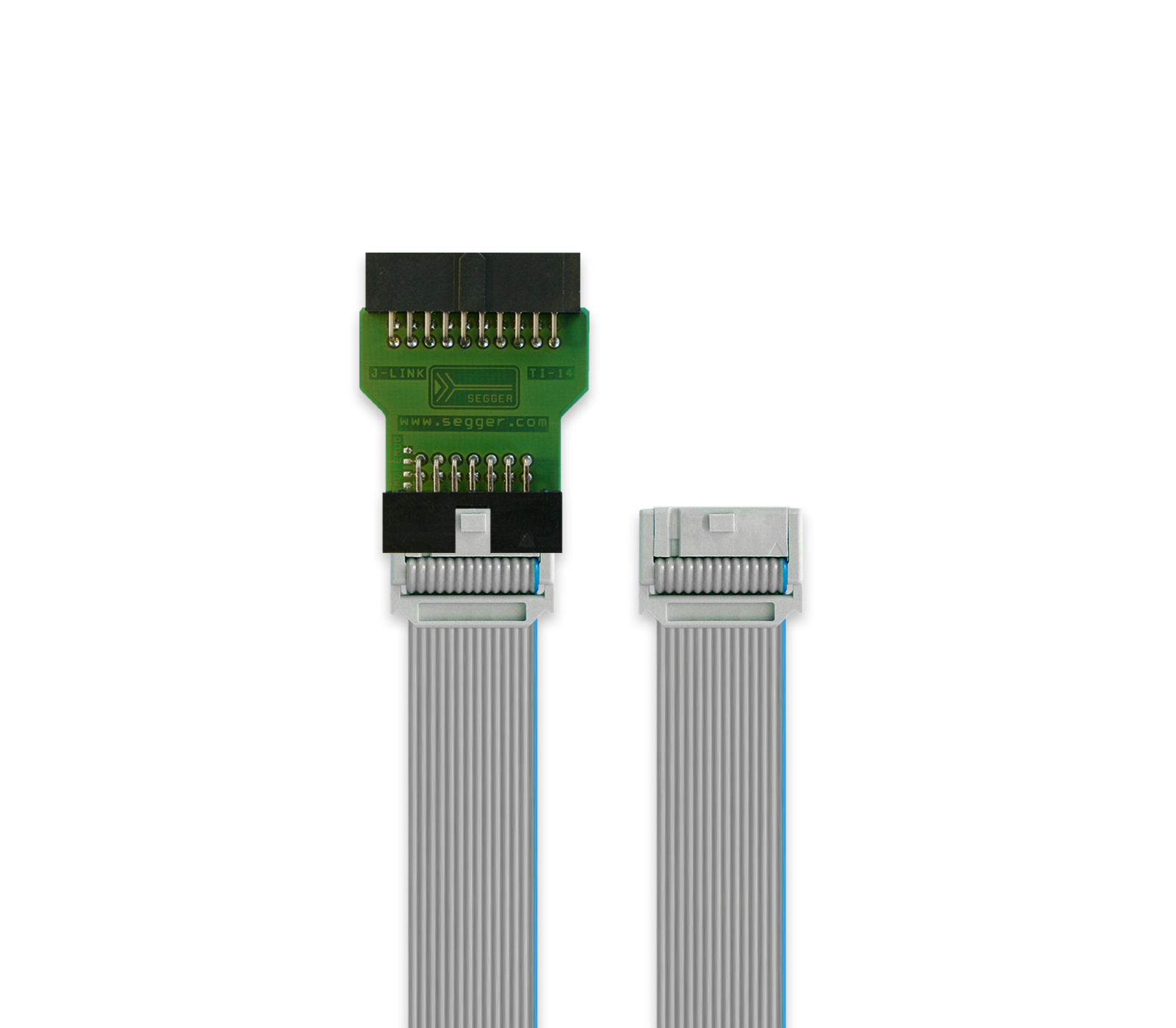 Image of a ribbon cable connector featuring a green circuit board on one side with metal pins and a flat, gray ribbon cable extending from the opposite side. The design is typical for electronic connections, used for data transfer between devices.