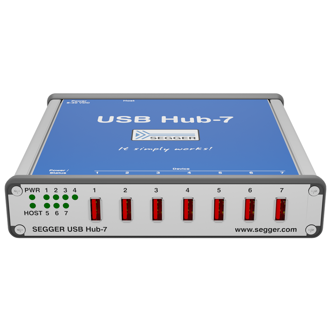 SEGGER USB Hub-7 A USB Hub-7 device by SEGGER is shown, featuring a blue top surface with the text "It simply works!" and a logo. The front panel has seven red USB ports and status indicators for power and host connections.