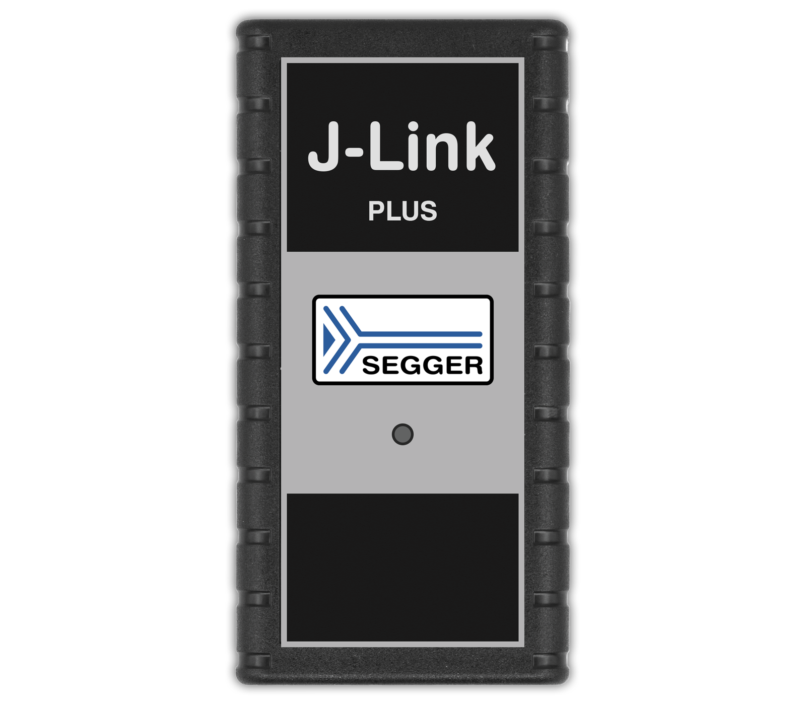 J-Link PLUS Classic Image of a J-Link Plus programming tool, featuring a black and gray casing. The front displays the text "J-Link PLUS" above the SEGGER logo, which includes a stylized arrow design. The device is rectangular with rounded edges, designed for connecting to electronic systems for programming and debugging.