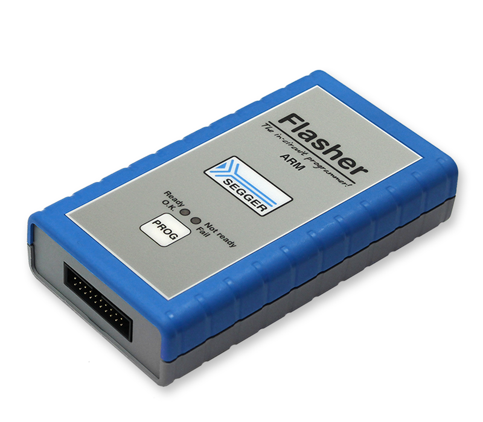 A rectangular device labeled "Flasher" from SEGGER, used for in-circuit programming of ARM microcontrollers. The device has a gray top with blue edges, featuring status indicators: "Ready," "Not ready," and "Fail," along with a programming button labeled "PROG." The back has a connector port.
