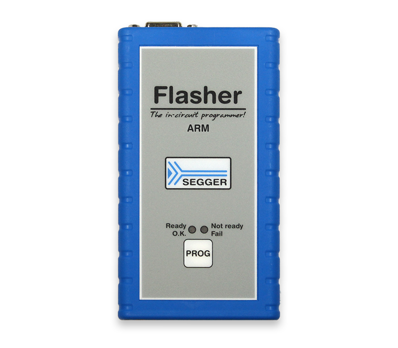 Flasher ARM A blue and gray device labeled "Flasher" serves as an in-circuit programmer for ARM systems. It features buttons labeled "PROG" and indicators for "Ready," "Not ready," and "Fail." The design is compact and intended for electronic programming tasks.