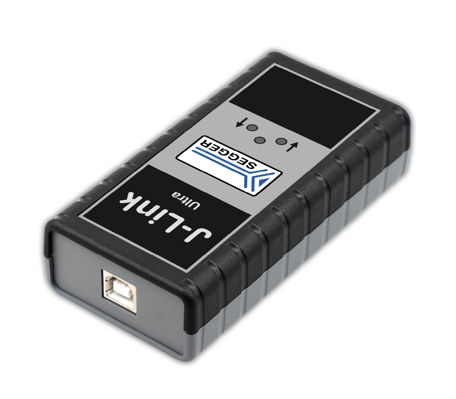 A rectangular black and gray device with a textured surface and rounded edges. It features a USB port on one end and a logo labeled "Seagate" along with the text "J-Link Ultra" on the side. The device is commonly used for data transfer.