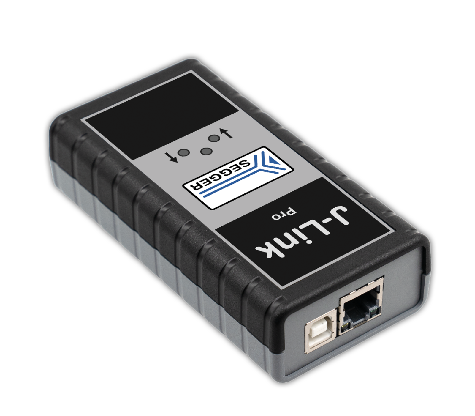 The image features a small, rectangular electronic device with a textured black and gray exterior. It has a brand logo labeled "Seegert" and includes two ports on one end. The device is identified as "J-Link Pro" and is designed for connectivity purposes.