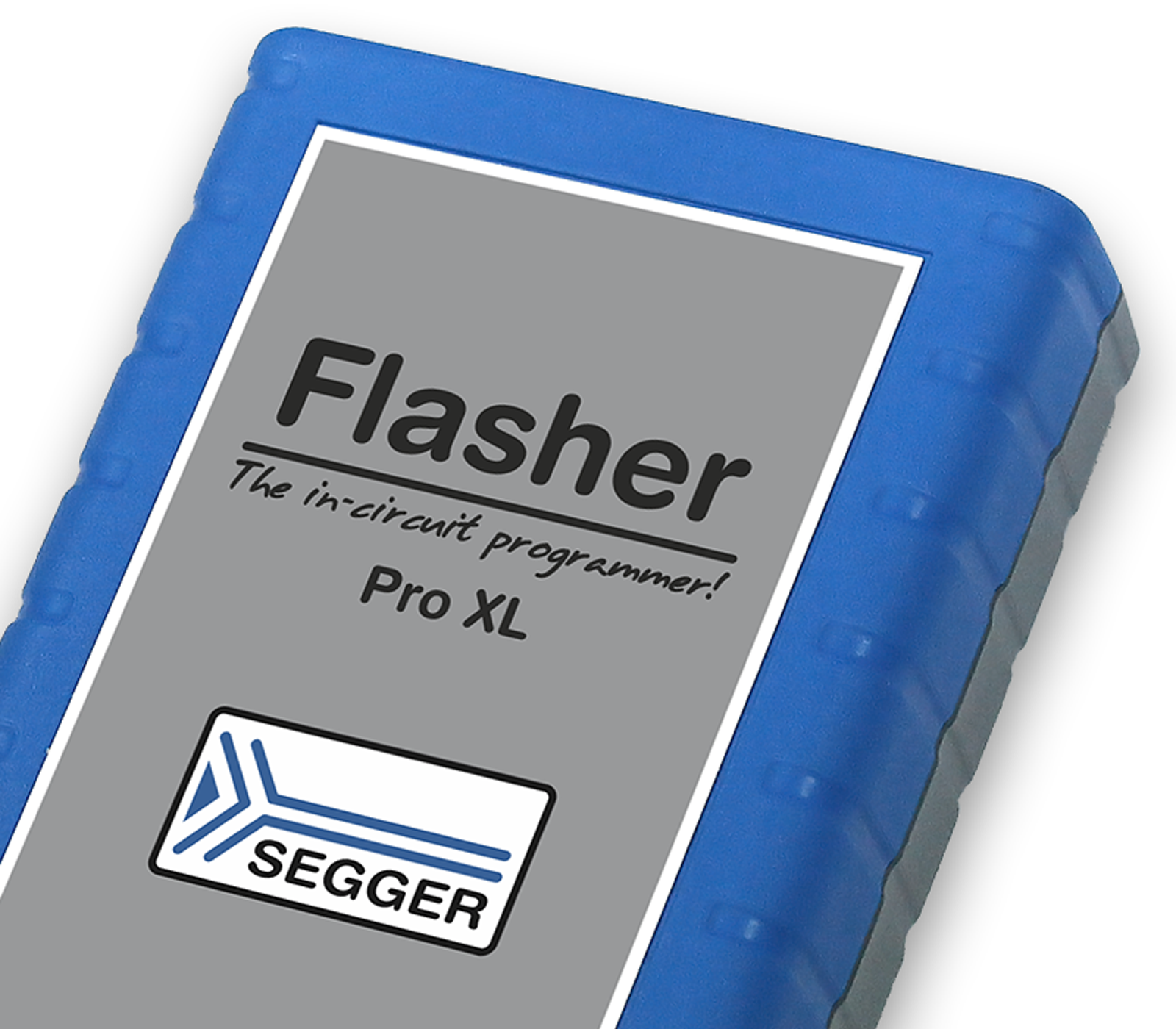 Flasher Pro XL A rectangular device with a gray surface labeled "Flasher" and "Pro XL" underneath, featuring the tagline "The in-circuit programmer!" The device has a blue protective casing and a SEGGER logo at the bottom. It is designed for programming electronic circuits.