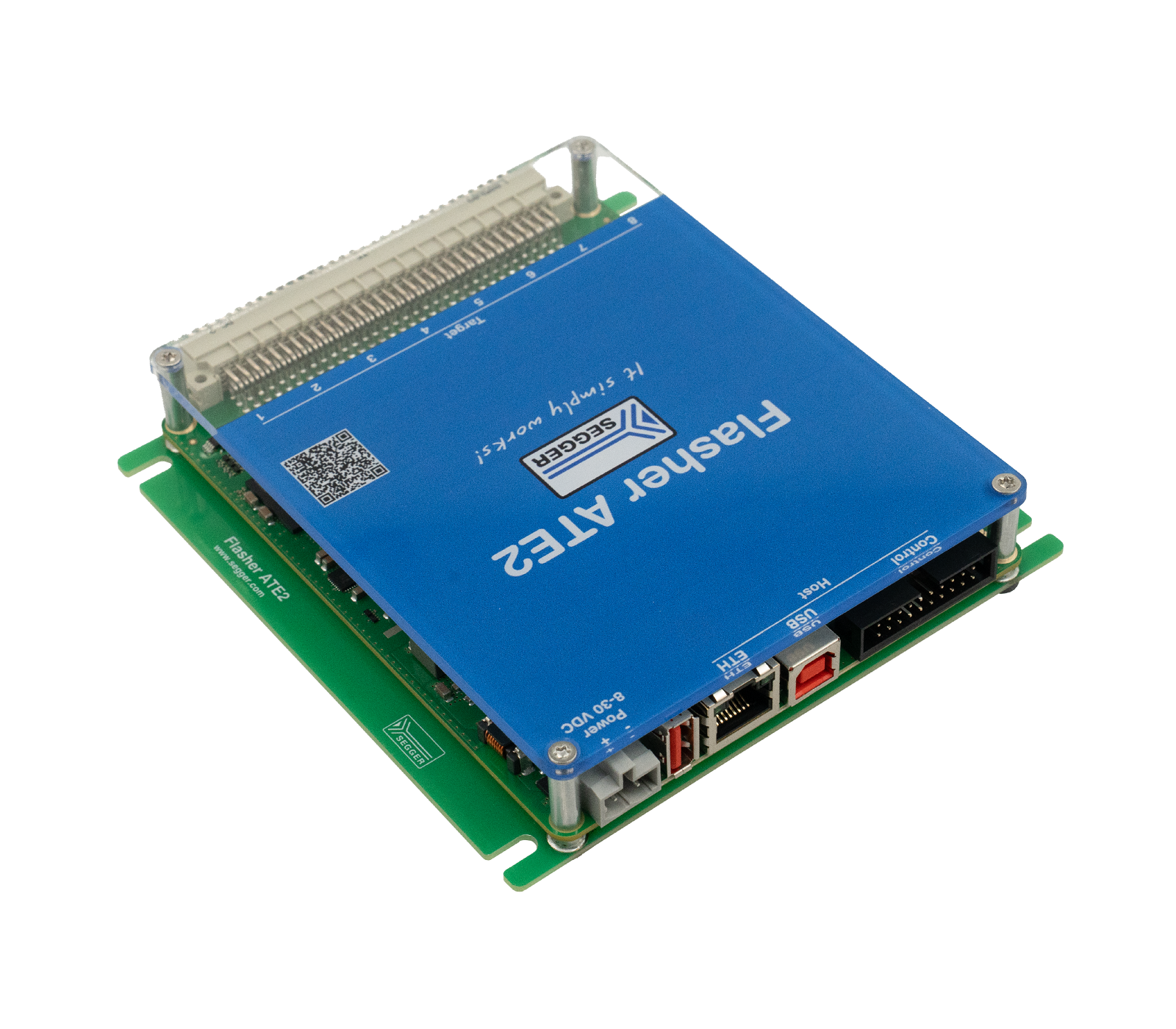An electronic device with a blue casing labeled "Flasher ATF32" sits on a green circuit board. It features multiple ports and connectors, including USB and power inputs, designed for programming or flashing functions in electronic applications.
