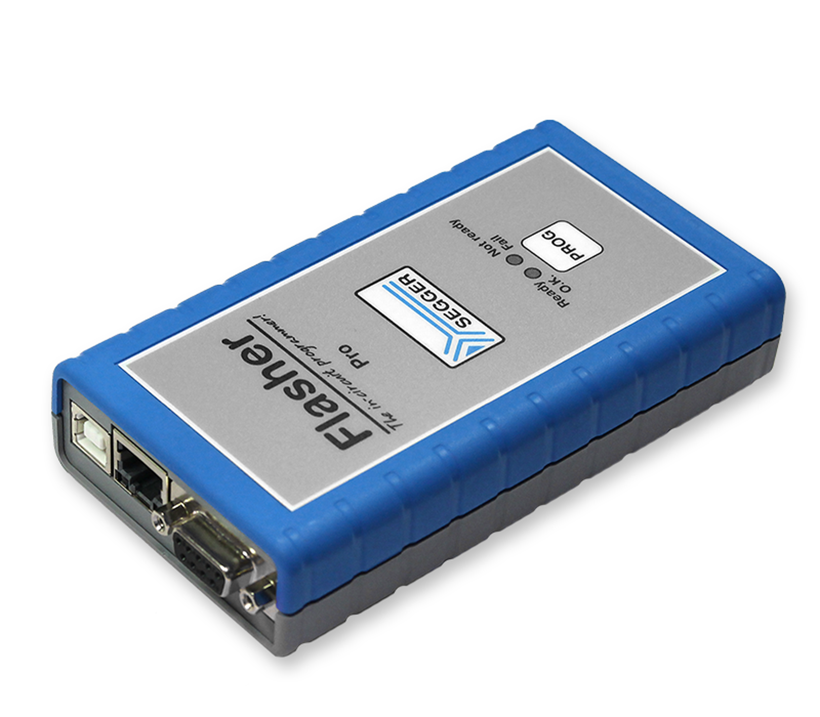 A rectangular electronic device with a blue rubber casing and a metallic gray top labeled "J-Link PRO" is shown. It has multiple connection ports on one side, including USB and serial ports, designed for programming and debugging embedded systems.