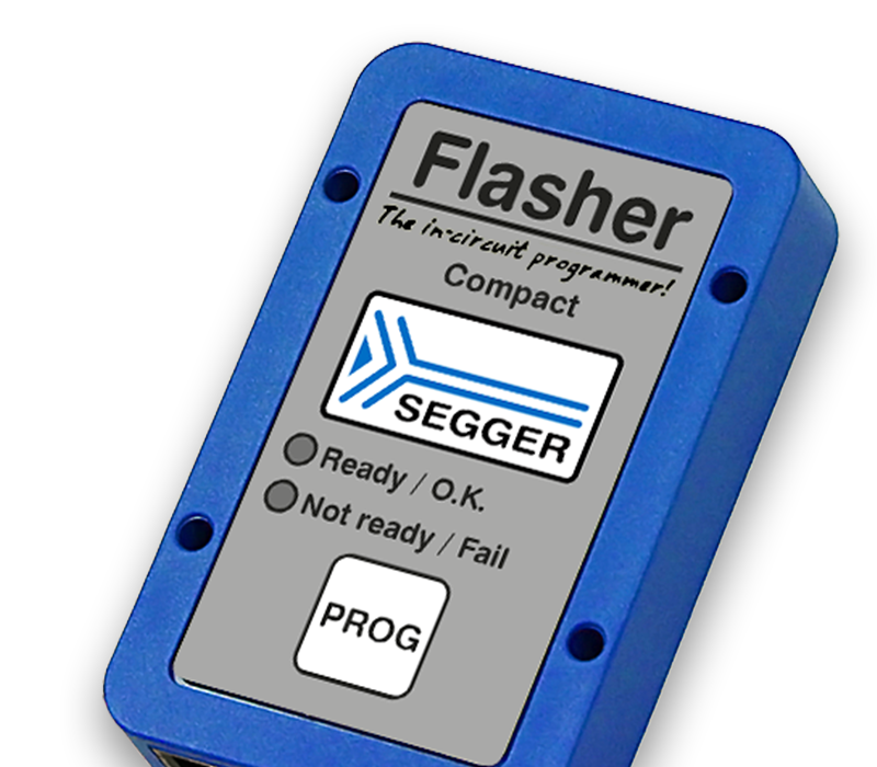 A blue rectangular device labeled "Flasher" with a grey front. It features the SEGGER logo, status indicators labeled "Ready / O.K." and "Not ready / Fail," and a button marked "PROG." It is designed for in-circuit programming.