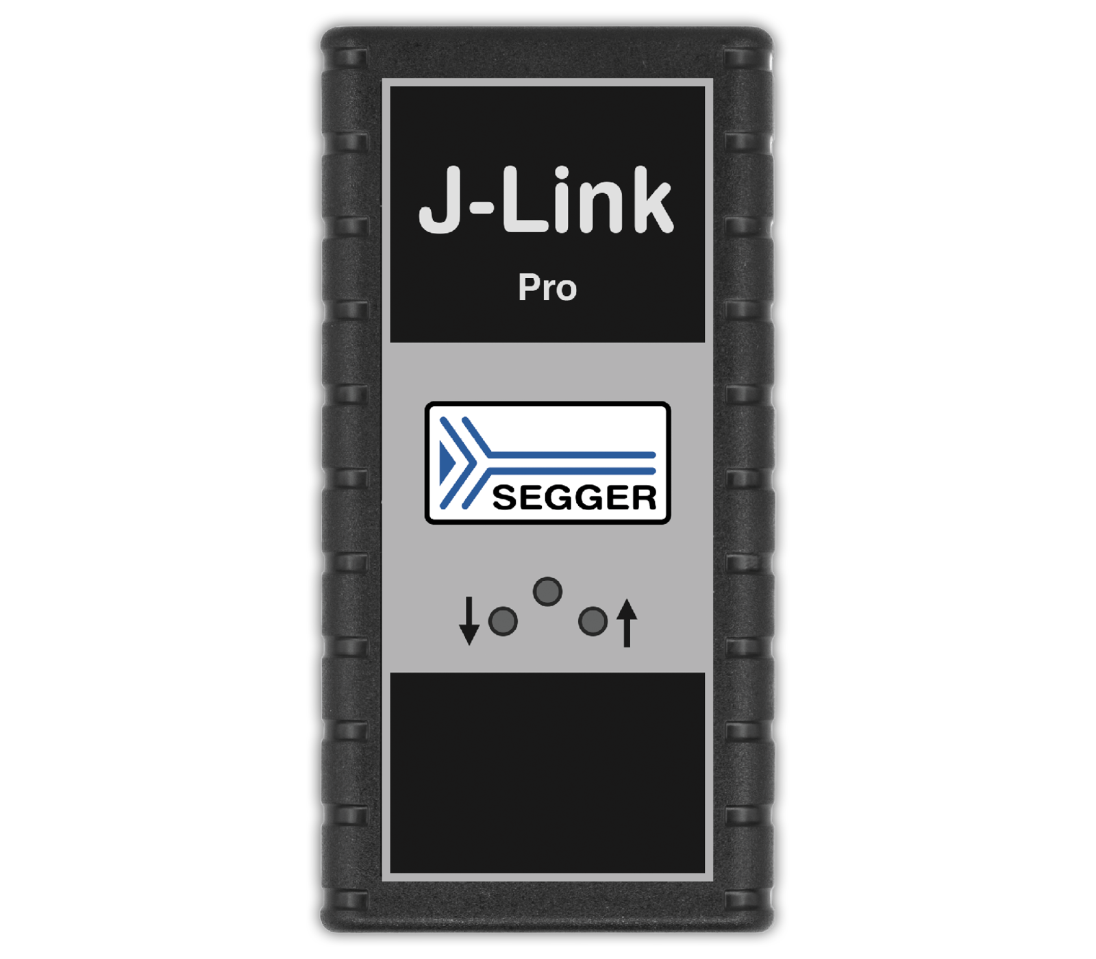 J-Link Pro Image of a J-Link Pro device, a debugging tool for embedded systems. The device features a prominent logo and various function buttons arranged in a vertical layout. Its casing is primarily black with a gray panel displaying branding and control indicators.
