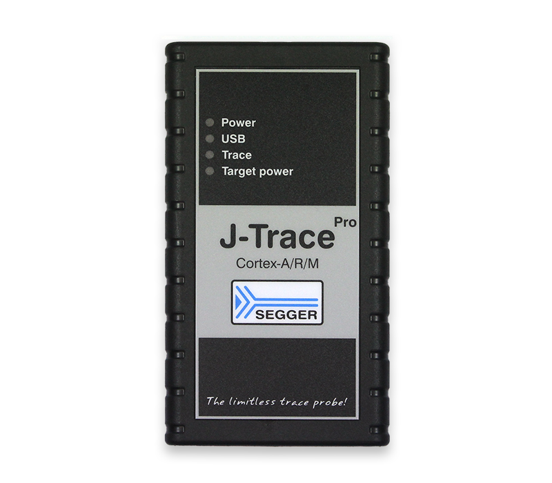 J-Trace PRO Cortex An electronic device labeled "J-Trace Pro Cortex-A/R/M" with connection indicators for Power, USB, Trace, and Target power. It features a sleek black design and includes the SEGGER logo, emphasizing its functionality in tracing and debugging applications. The tagline reads, "The limitless trace probe!"