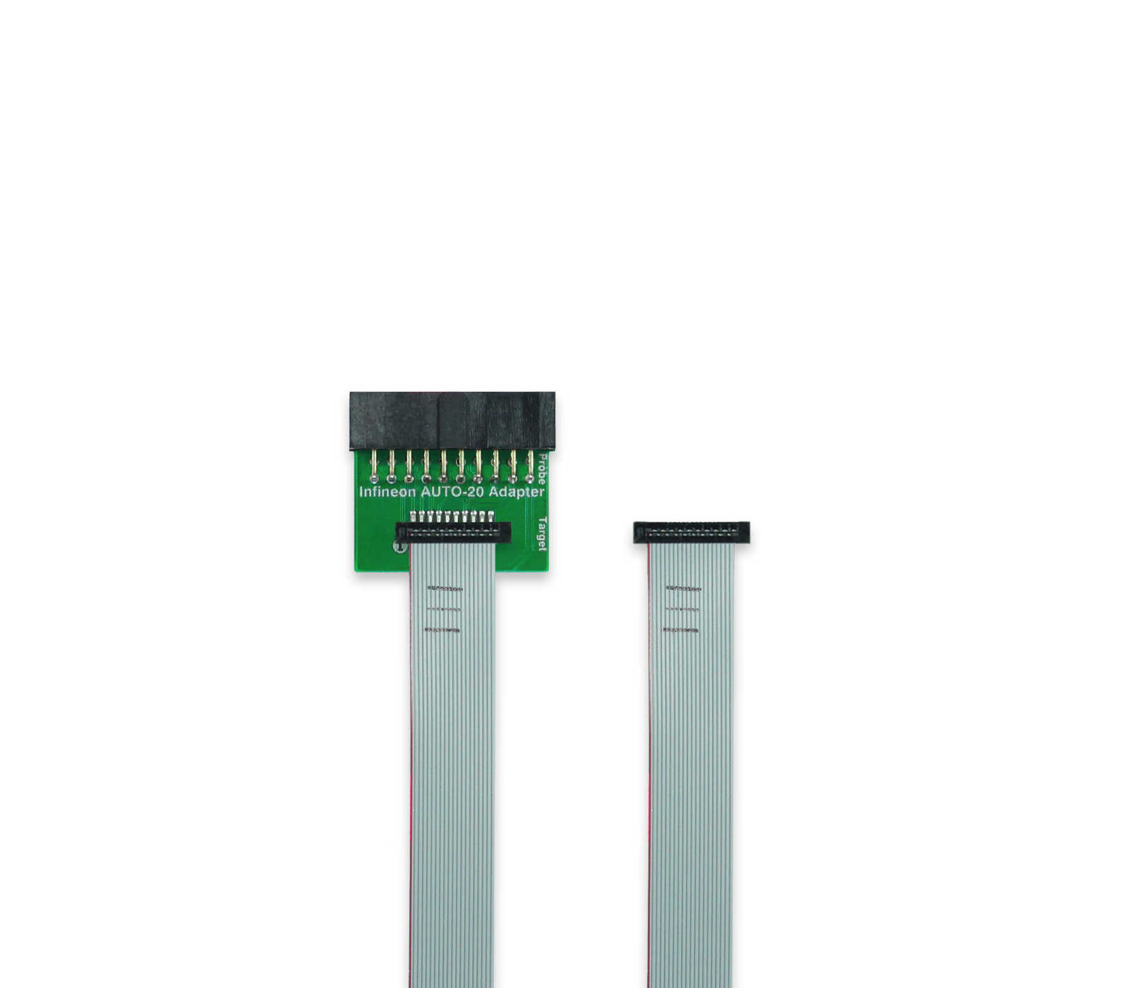 An Infineon AUTO-20 Adapter is shown. It features a rectangular black connector attached to a green circuit board with pins, leading to a flat, multi-stranded ribbon cable. The other end of the cable has a smaller connector. The background is plain white.