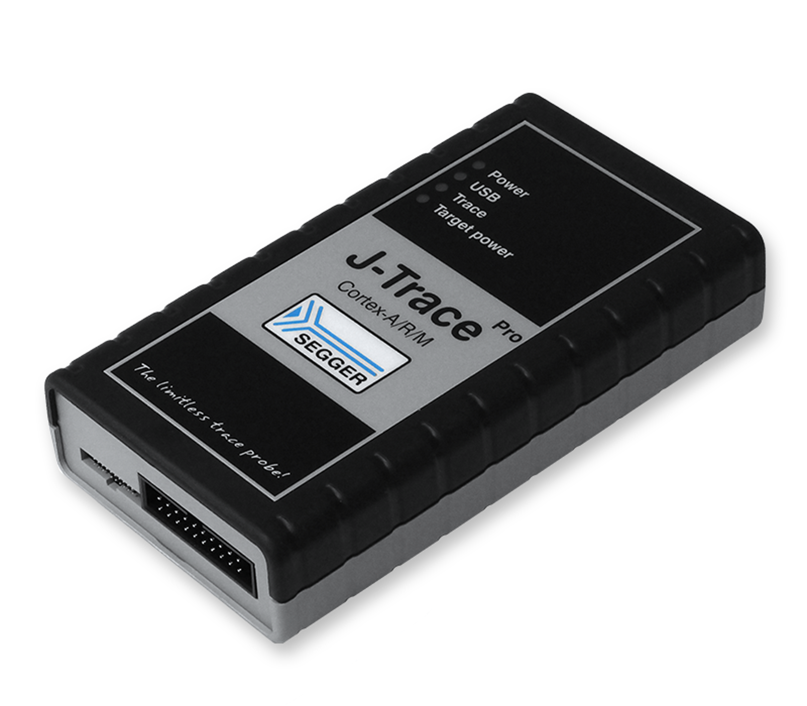 The image shows a J-Trace Pro device from SEGGER, designed for debugging and tracing Cortex-A/R/M microcontrollers. It features a sleek black casing with labeled indicators for Power, USB, Trace, and Target Power, emphasizing its functionality in embedded system development.