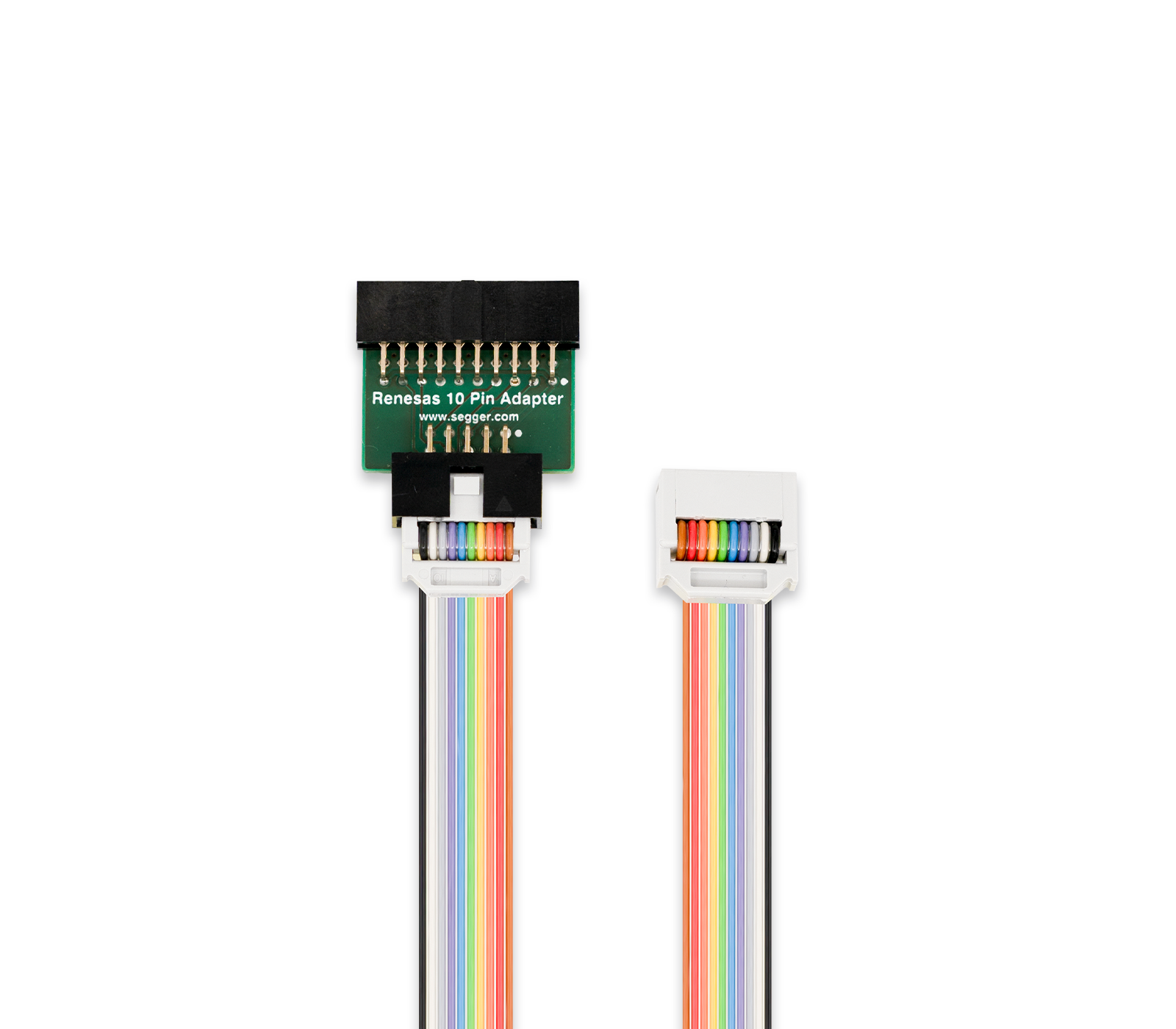 Renesas M16C Family 10-Pin Adapter Image shows a Renesas 10-pin adapter with a green circuit board connector on the left and a white connector on the right. A multicolored ribbon cable connects the two, showcasing various colored wires. The image highlights the adapter's practical application in electronic connections.