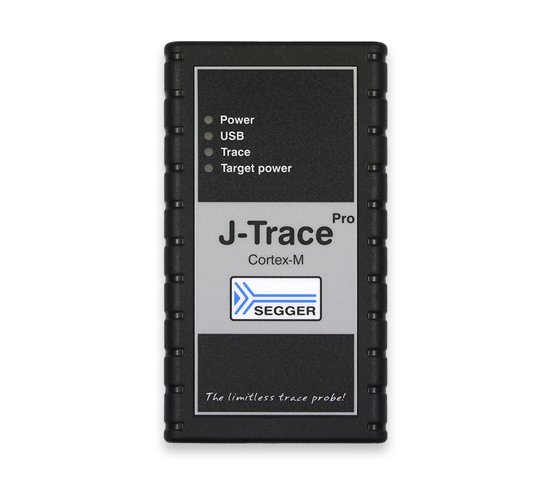 J-Trace PRO Cortex-M A black rectangular device labeled "J-Trace Pro Cortex-M" with indicators for power, USB, trace, and target power. It features a logo and the tagline "The limitless trace probe!" displayed at the bottom. The device is designed for debugging and tracing applications.