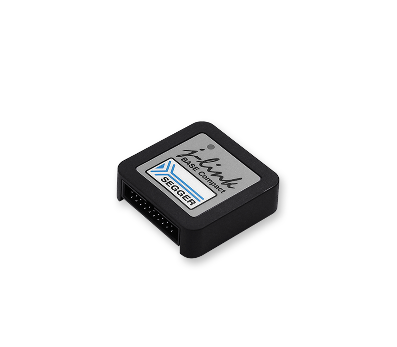 A compact, rectangular device with a black casing and a silver label featuring the text "j-link BASE compact" and "SEGGER." The bottom side has a connector with multiple pins, indicating its function in electronic development or programming.