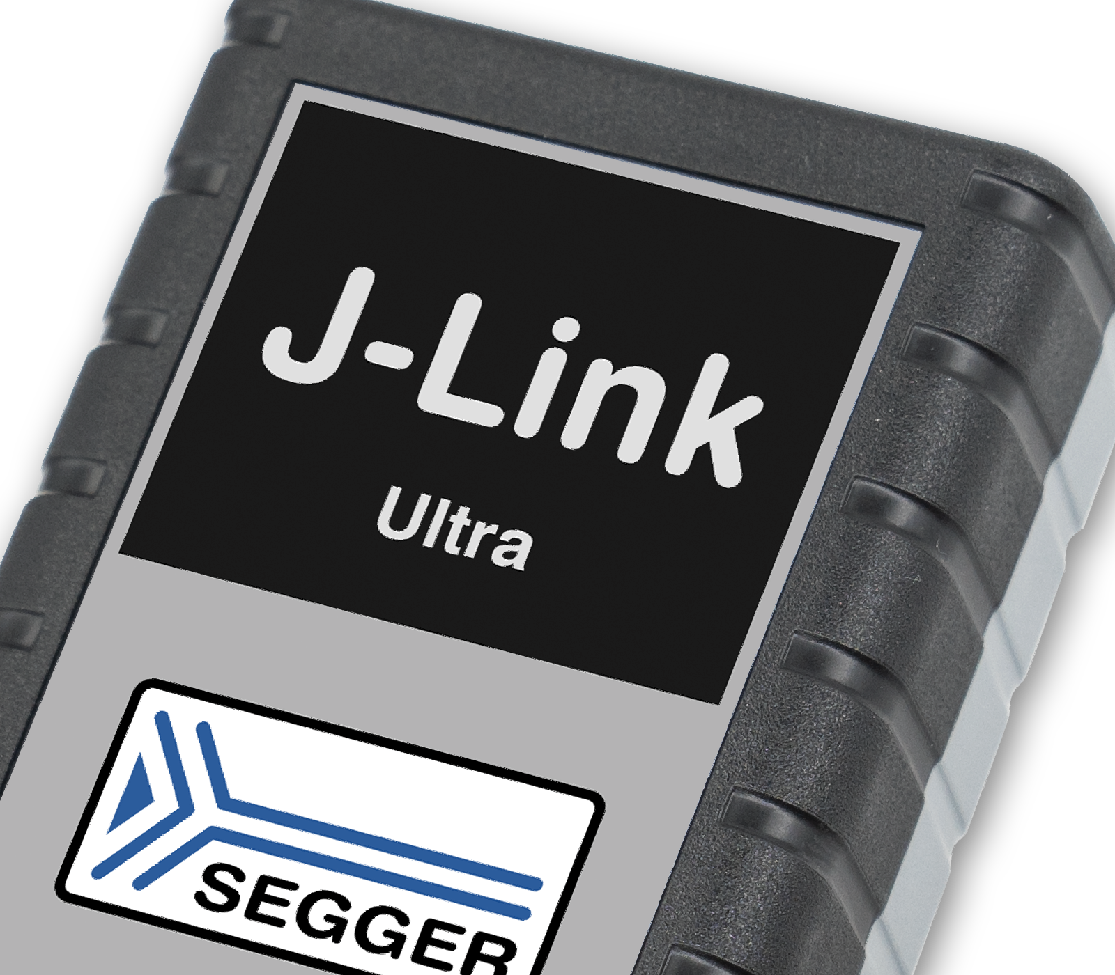 The image features a J-Link Ultra programming device with a sleek design. The front displays the text "J-Link Ultra" in bold white letters against a black background, along with the SEGGER logo at the bottom, indicating its brand and functionality in embedded system programming.