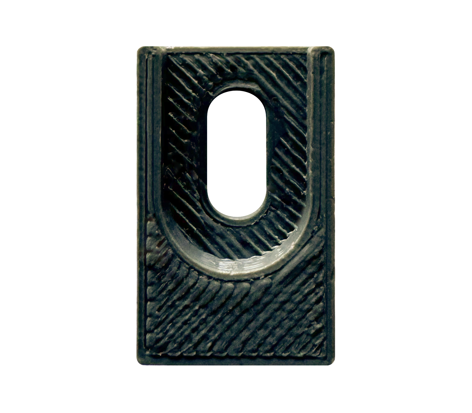 Mounting brackets A black, rectangular piece of rubber with a textured surface and a cylindrical opening at the center. The shape resembles a mounting bracket or fixture, commonly used in various mechanical applications.