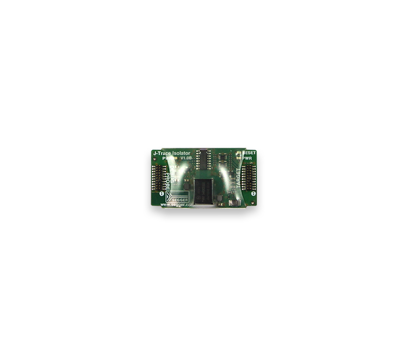 J-Trace Isolator Image of a green circuit board labeled "J-Trace Isolator." It features multiple connectors and components, including a central chip. The board is designed for electronic debugging and isolation, with labeling for power and reset functions visible on the surface.