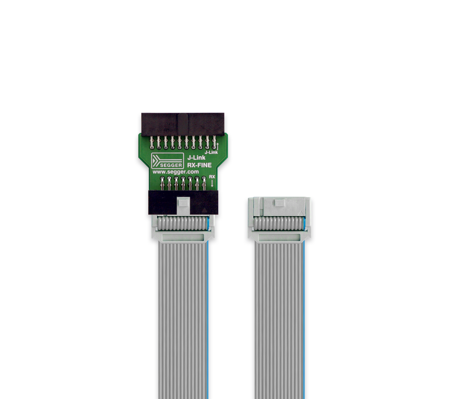 RX FINE Adapter A J-Link RX-FINE interface adapter with two connectors attached to a ribbon cable. The left connector is green with pin configurations, and the right connector is gray with a locking mechanism. The image highlights the adapter's design for connecting debugging equipment.