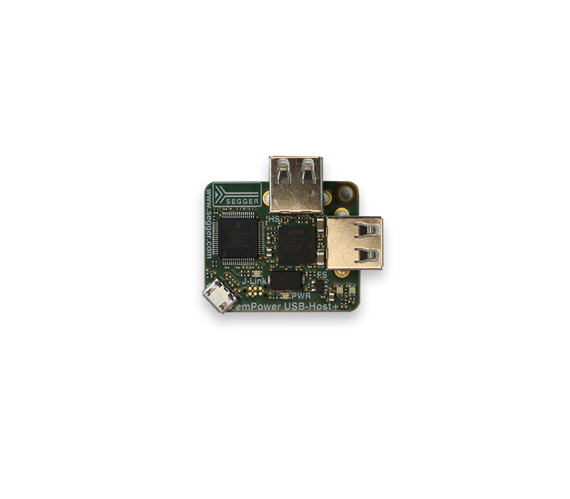 emPower-USB-Host+ This image features a small electronic circuit board, identifiable as a USB host controller. It includes two standard USB ports, a micro USB port, and various electronic components, designed for connecting devices and managing power. The board is predominantly green with printed circuitry.