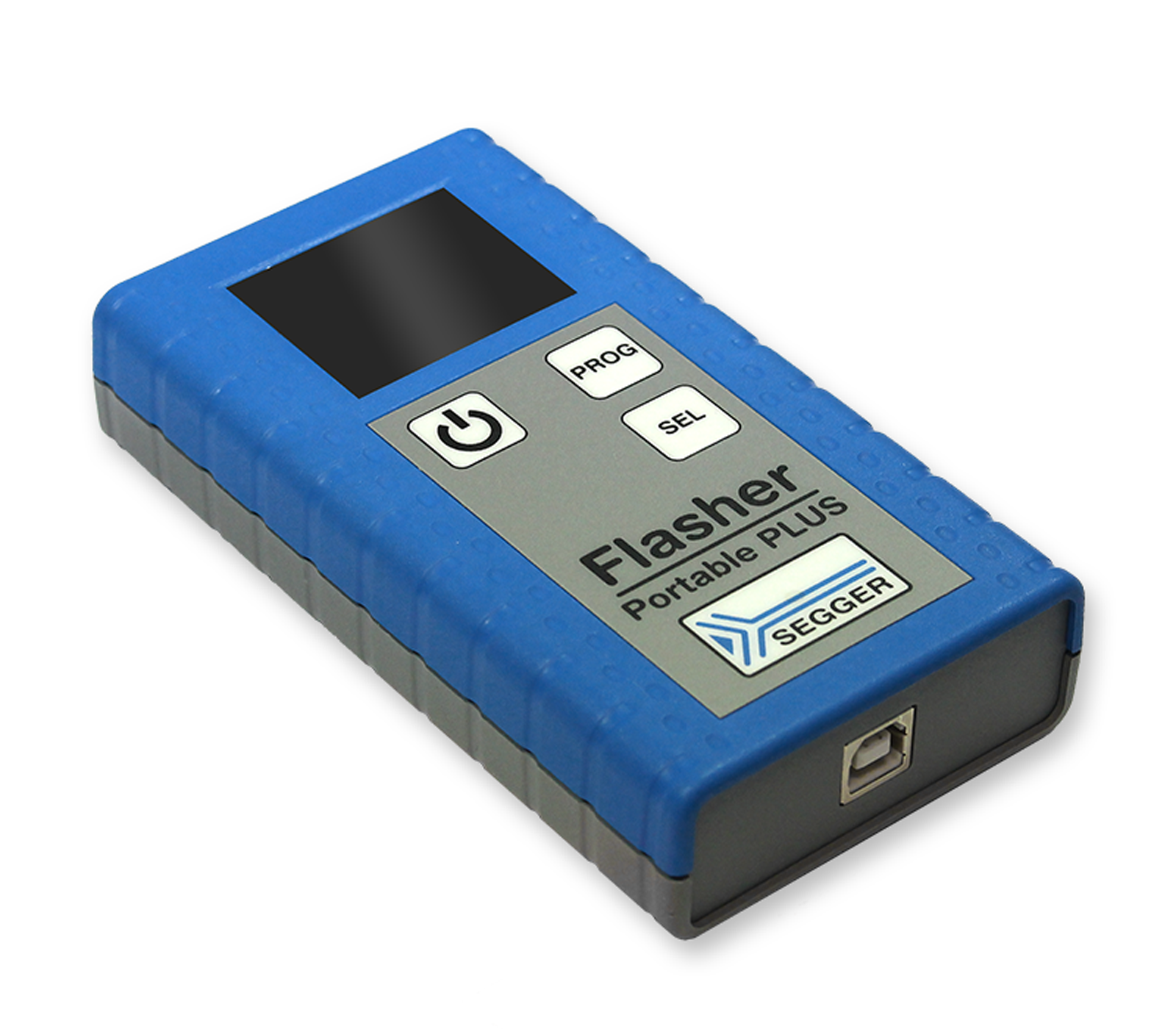 A rectangular handheld device with a blue exterior and a gray interface, labeled "Flasher Portable PLUS." It features a small display screen and three buttons: one for power and two labeled "PROG" and "SEL." The device is designed for programming applications.