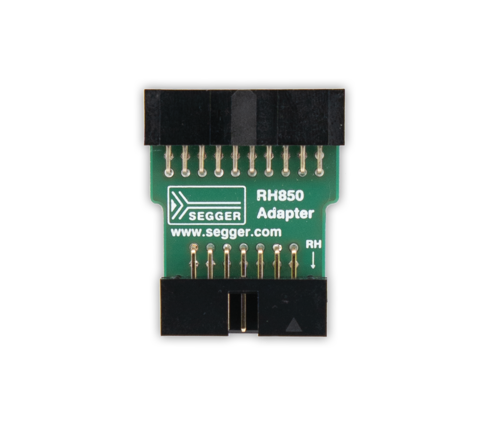RH850 Adapter Image features a SEGGER RH850 adapter, showcasing a green printed circuit board with gold contacts. The adapter is designed for connecting devices, labeled with "SEGGER," "RH850," and the website "www.segger.com." The layout includes two rows of pins and one opening on the side.