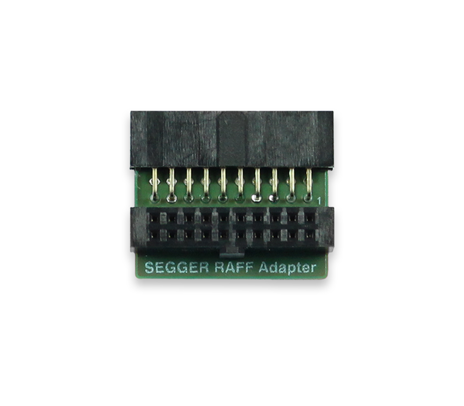 Right Angle (RAFF) Adapter Image of a SEGGER RAFF Adapter. It features a small green circuit board with two black connectors on opposite sides, including a series of metal pins in the center. The words "SEGGER RAFF Adapter" are printed on the green background.