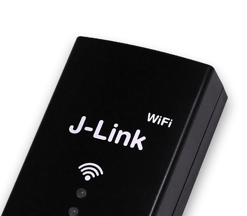 The image features a black WiFi device labeled "J-Link" prominently displayed. The design includes indicator lights below the logo, suggesting functionality.