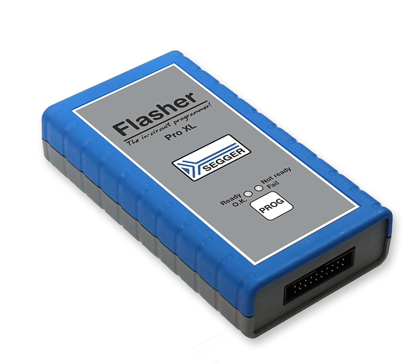 A blue and gray rectangular device labeled "Flasher Pro XL" with buttons indicating status options: "Ready," "O.K.," "Not ready," and "Fail." It features a connection port on one side for programming purposes, designed for in-circuit programming applications.