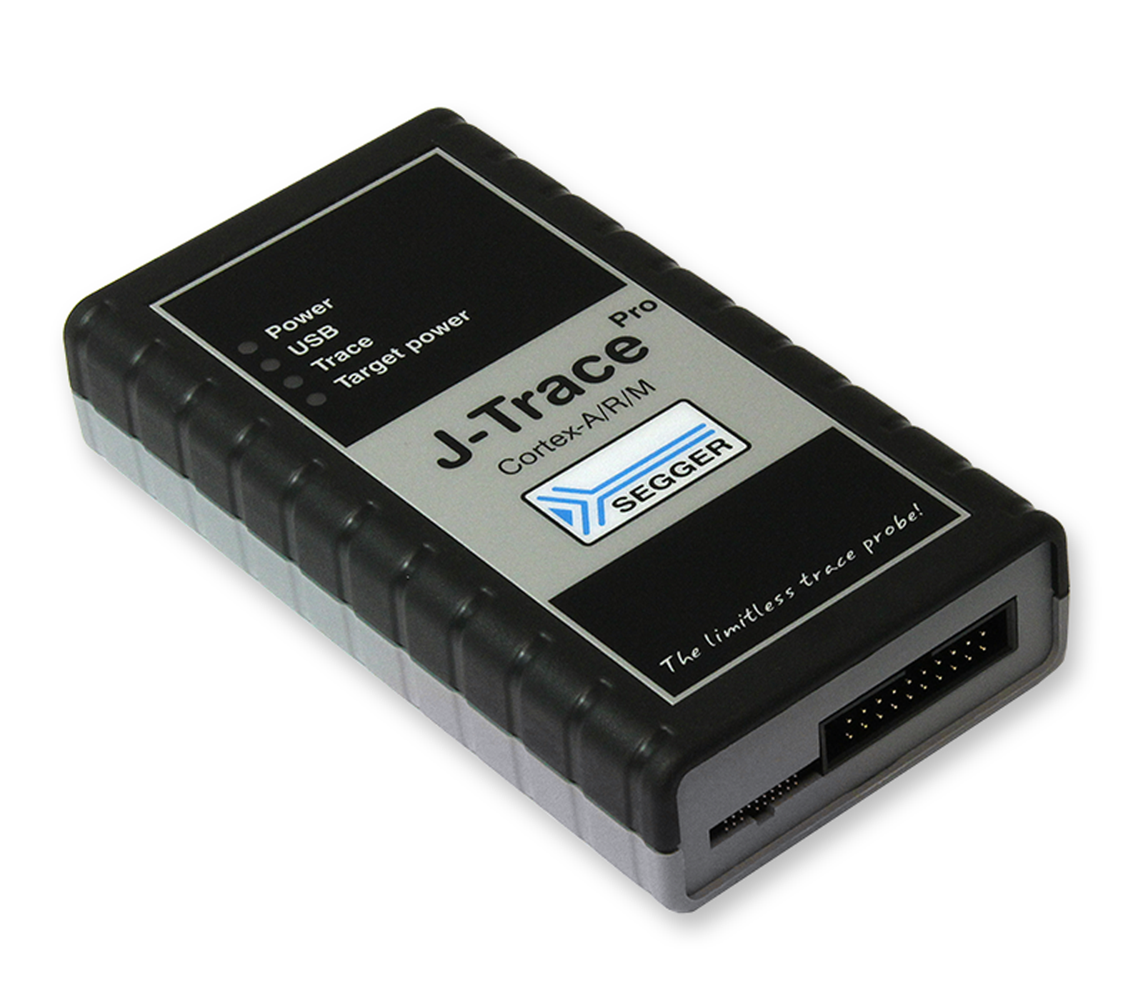 A J-Trace Pro device for Cortex-A/R/M features a rectangular design with a black and gray color scheme. It has labeled connection ports for power, USB, and target power. The device is used for debugging and tracing in embedded systems.