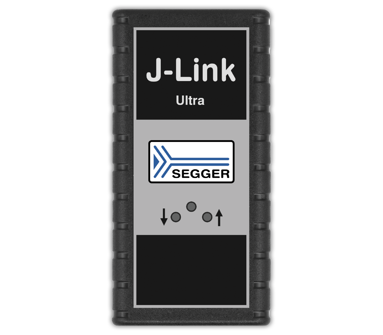 J-Link Ultra Image of a J-Link Ultra device by SEGGER. The device is rectangular with a black border and a gray central panel displaying the product name "J-Link Ultra" and the SEGGER logo. It features control buttons and indicators below the logo.