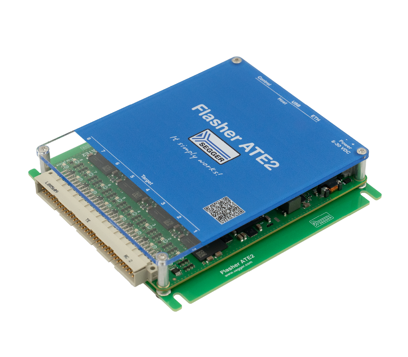 Flasher ATE2 (8 channel) A blue electronic device labeled "Flasher ATE2" prominently displays the SEGGER logo. It features various connectors on one side and is mounted on a green circuit board. The device is used for programming and debugging embedded systems.