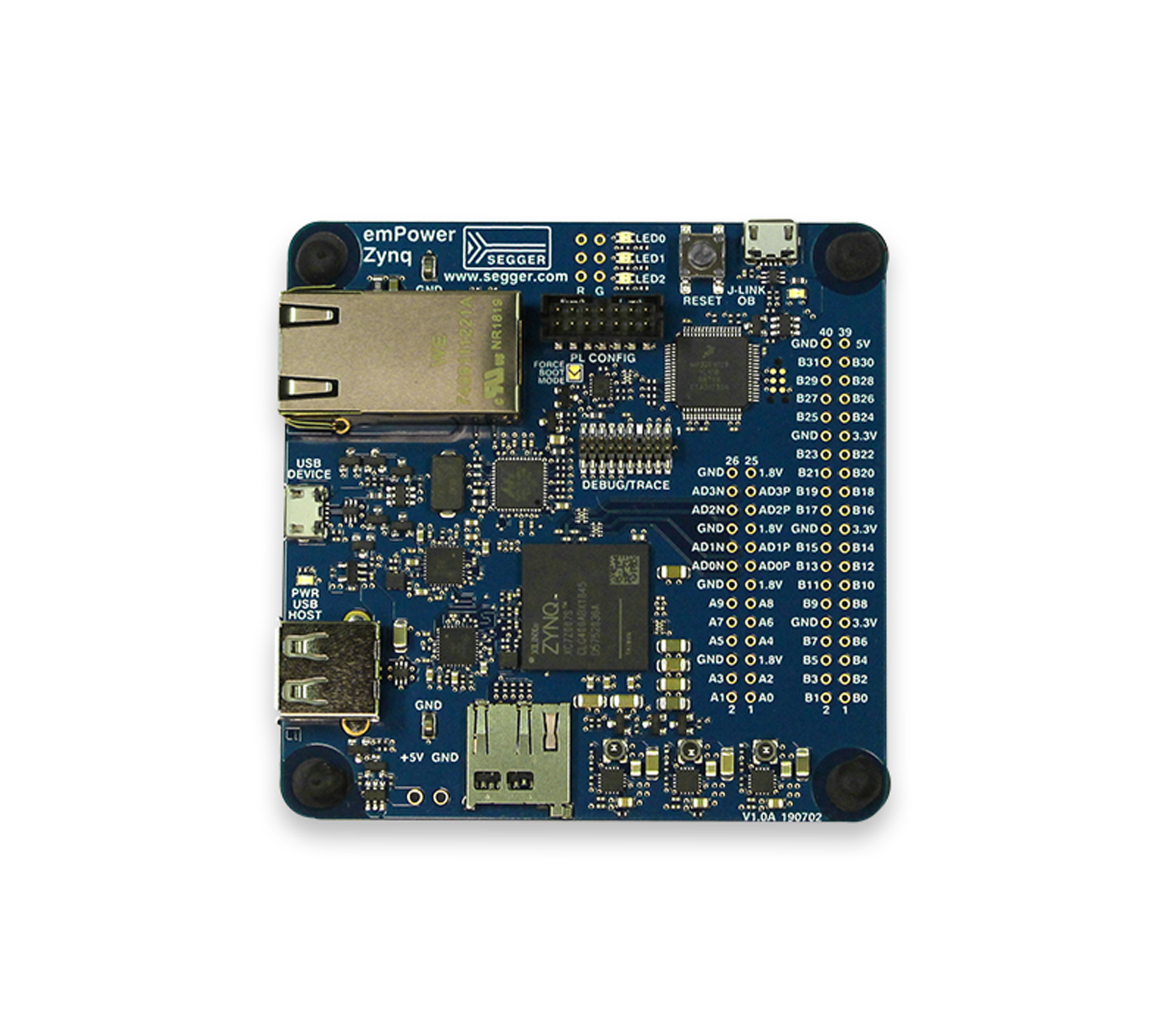 emPower Zynq A blue circuit board featuring a Zynq processor, various electronic components, and multiple USB ports. It includes connectors for power and data, as well as labeling for different functions and pins, designed for embedded system applications.