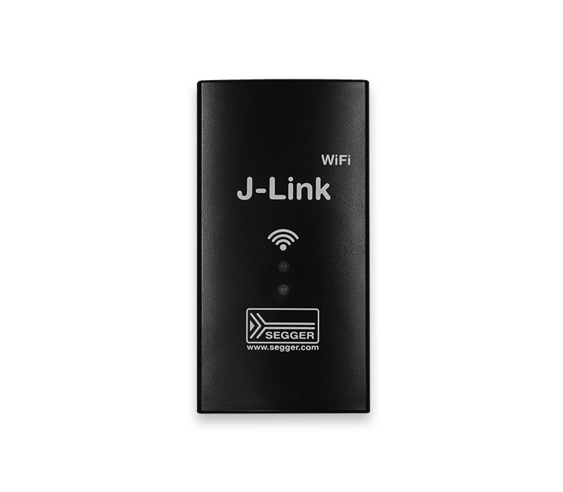 J-Link WiFi A black device labeled "J-Link WiFi" with two indicator lights and a Wi-Fi symbol. The device is used for wireless connections in embedded systems. The logo "SEGGER" is also visible at the bottom.