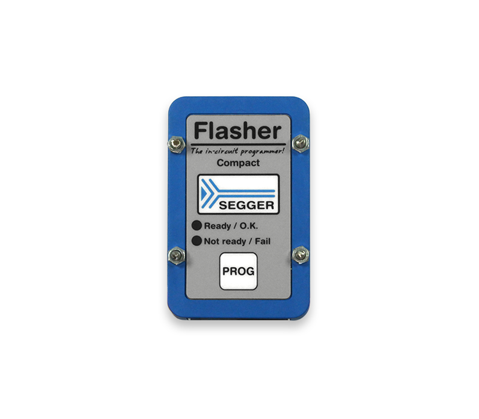 Flasher Compact Image features a compact SEGGER in-circuit programmer labeled "Flasher." It includes status indicators for "Ready / O.K." and "Not ready / Fail," along with a "PROG" button. The device has a rectangular shape with a blue border and a gray center.