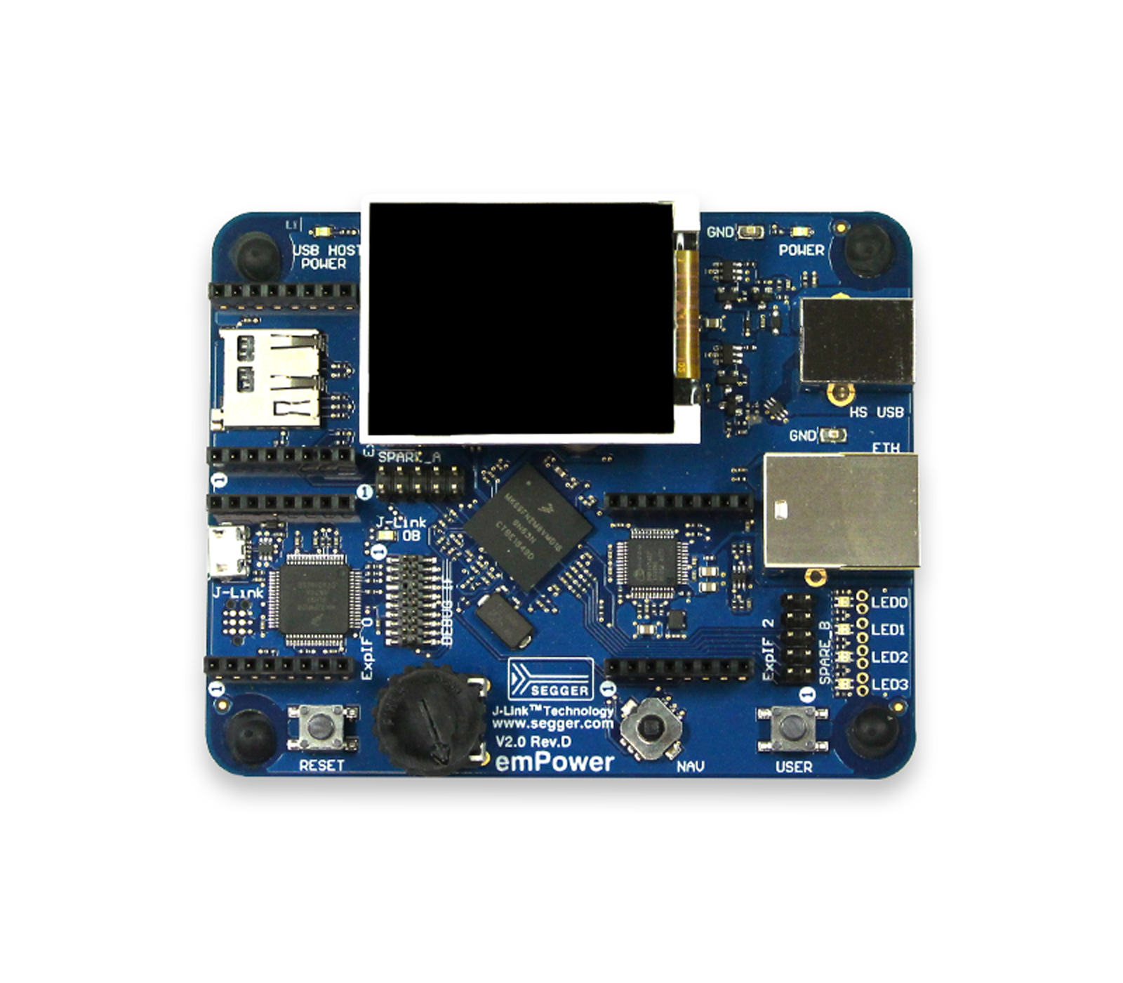 emPower A blue circuit board featuring various electronic components, including USB ports, a display area, and several integrated circuits. It has labeled buttons for reset and user functions, along with multiple connection ports. The board is designed for educational or development purposes in electronics.