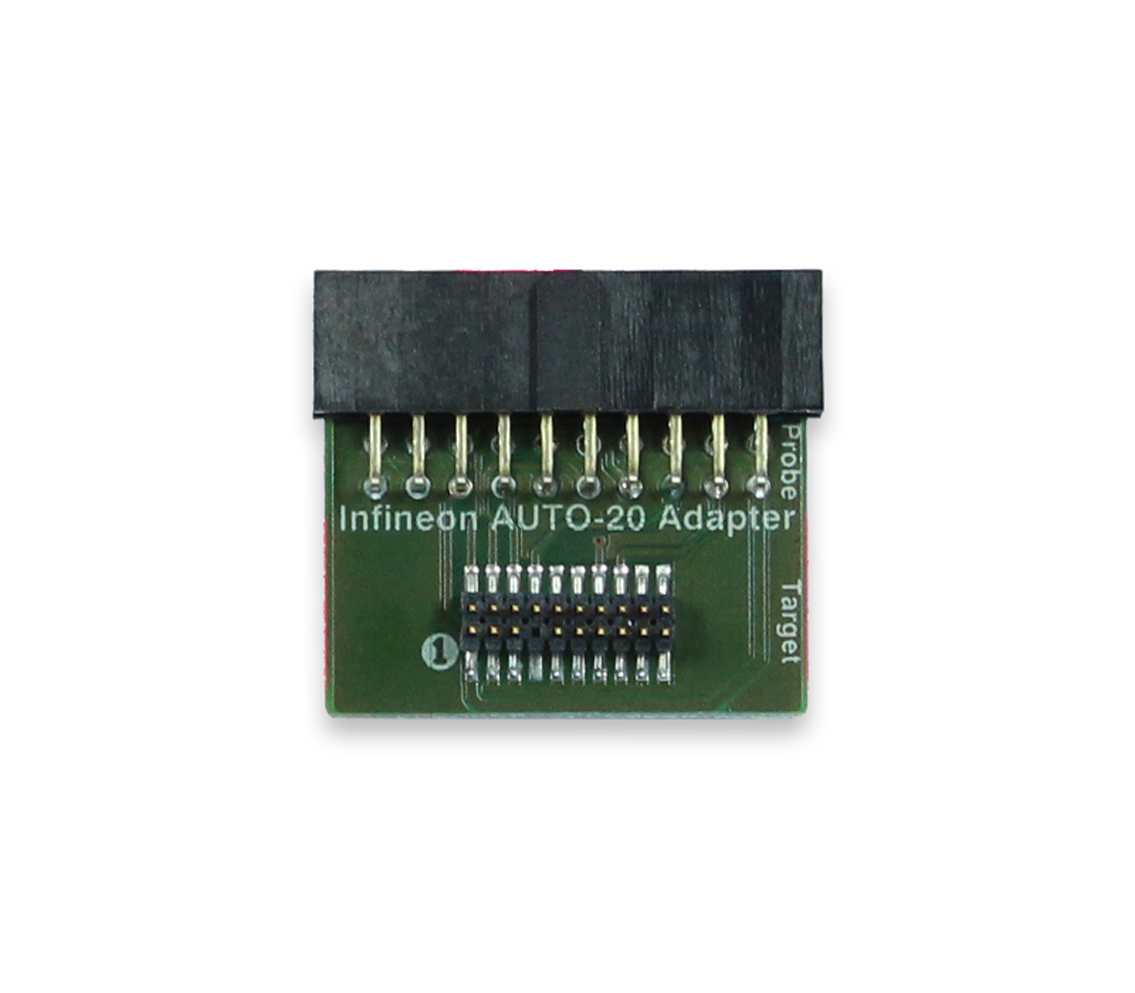 An Infineon AUTO-20 adapter is displayed, featuring a small rectangular green circuit board with multiple metal pins on one side. The text "Infineon AUTO-20 Adapter" is visible, along with labels "Probe" and "Target," indicating its use for electronic connections.