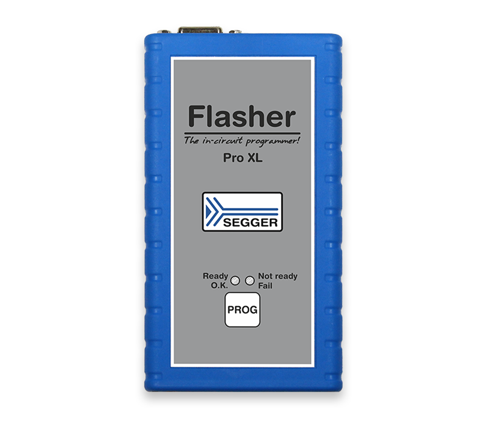 Flasher Pro XL Image of a blue in-circuit programmer labeled "Flasher Pro XL" by SEGGER. The device features indicator lights and buttons, indicating operational status—"Ready," "Not Ready," and "Fail." The main label highlights the product name and its purpose as a programming tool.